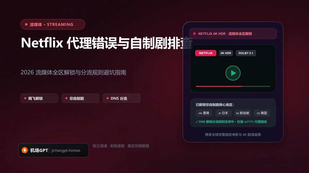 Netflix 提示代理错误或只能看自制剧怎么办？2026 流媒体全区解锁与分流排查指南 配图